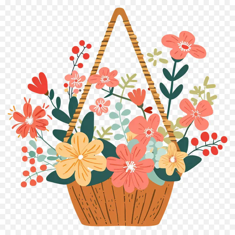 Fleurs Suspendues，Panier Suspendu Avec Fleurs Pastel PNG