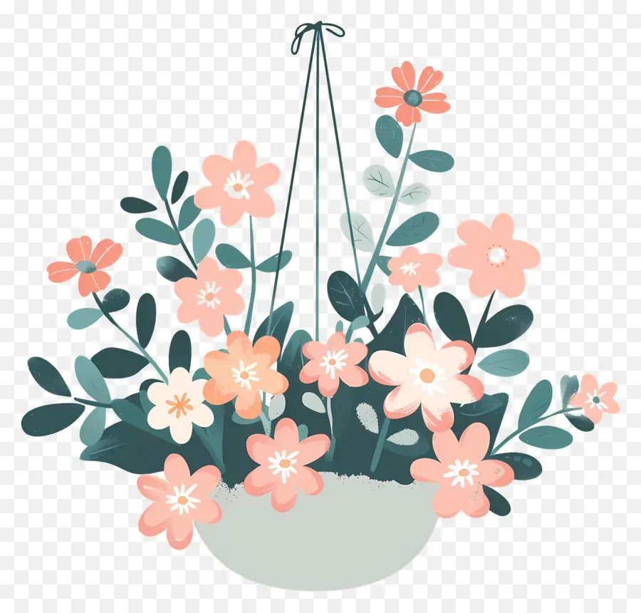 Fleurs Suspendues，Panier Suspendu Avec Des Fleurs Colorées PNG