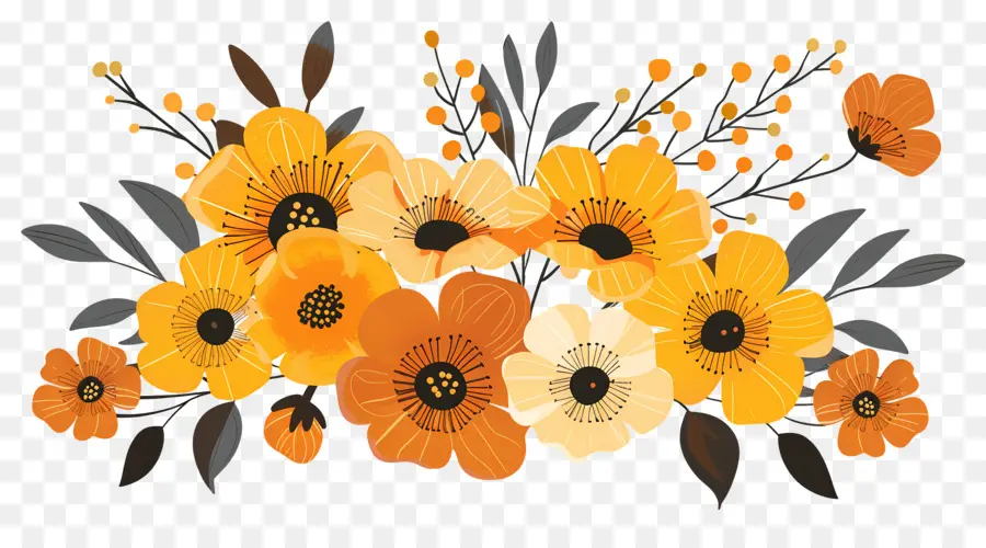 Fleurs D'automne，Fleurs Jaunes Et Oranges PNG