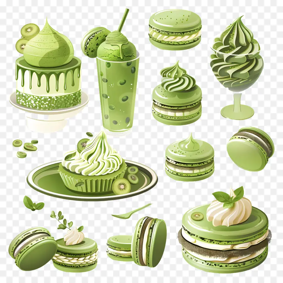 Desserts Au Matcha，Macarons Verts Et Gâteau PNG