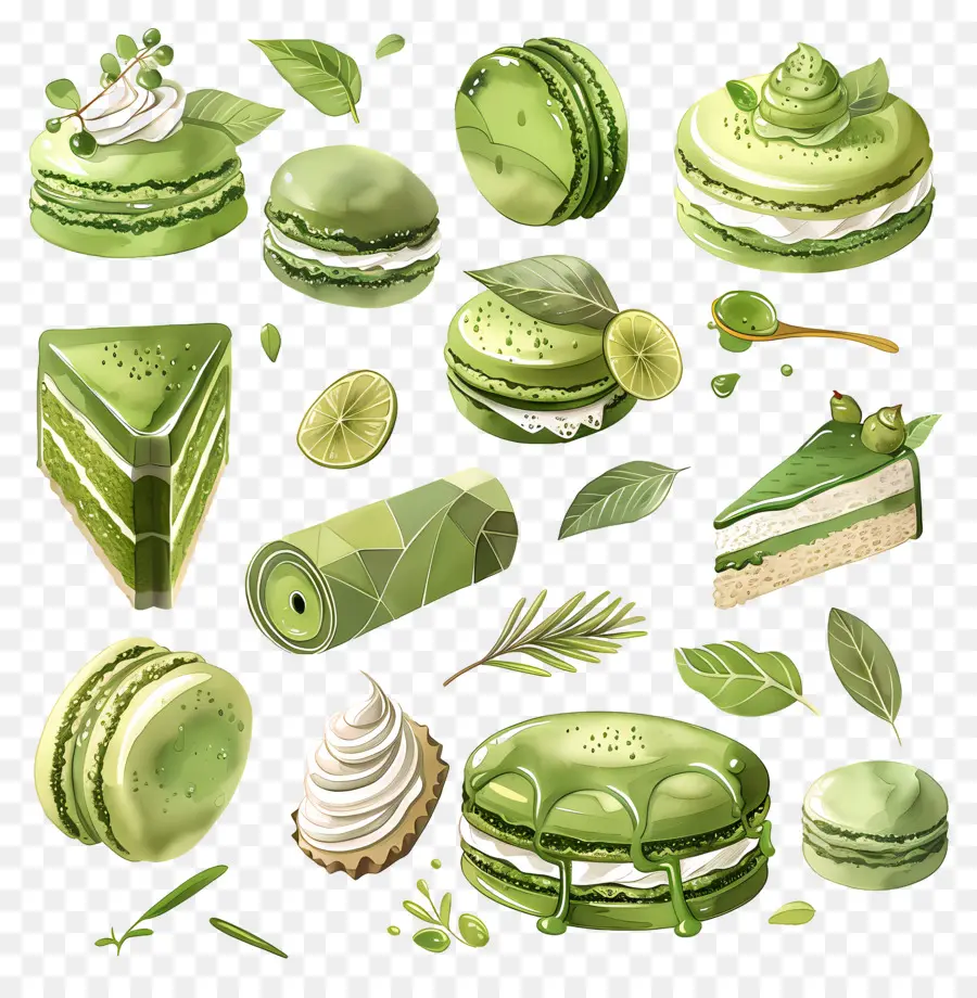 Desserts Au Matcha，Macarons Verts Et Citron Vert PNG