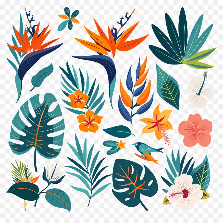 Fleurs Tropicales，Feuilles Et Fleurs Tropicales PNG