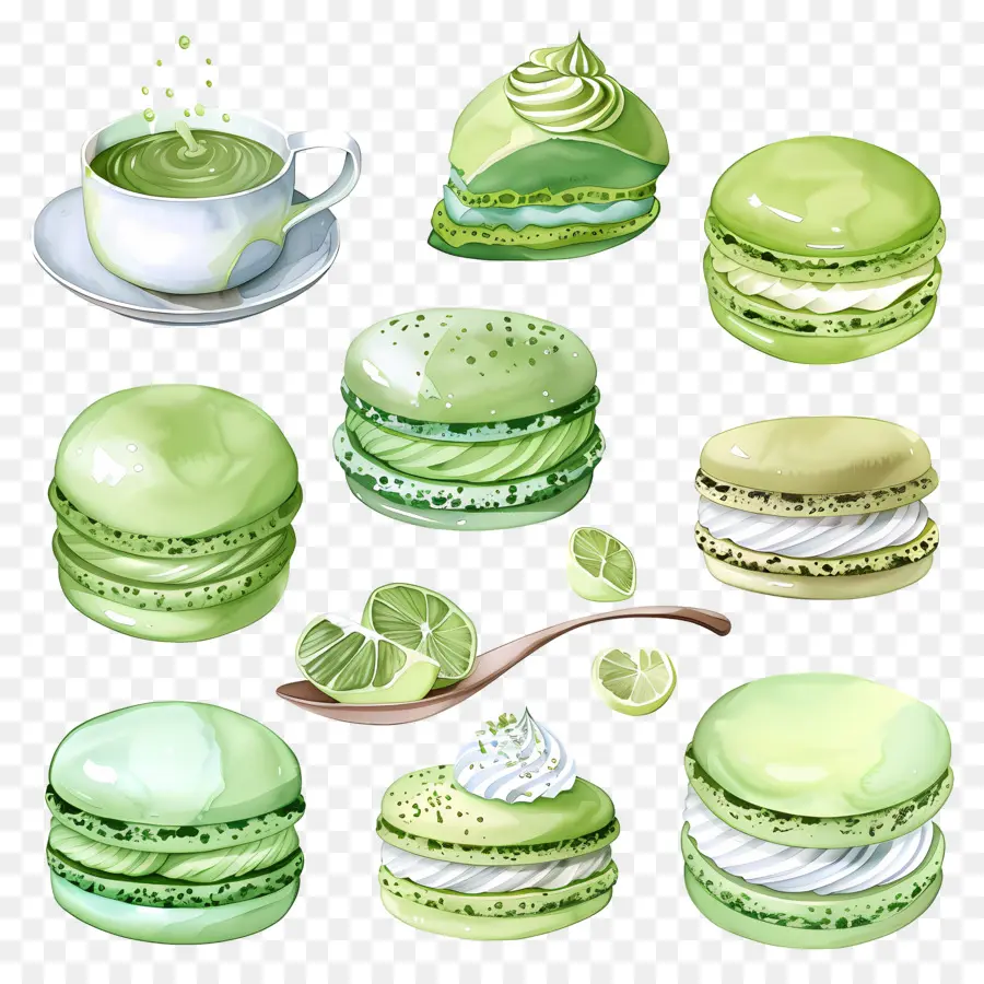 Desserts Au Matcha，Macarons Verts Et Citron Vert PNG