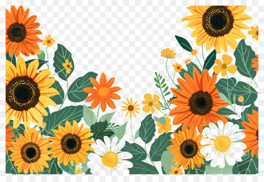 Bordure De Tournesols，Tournesols à Fleurs Bleues PNG