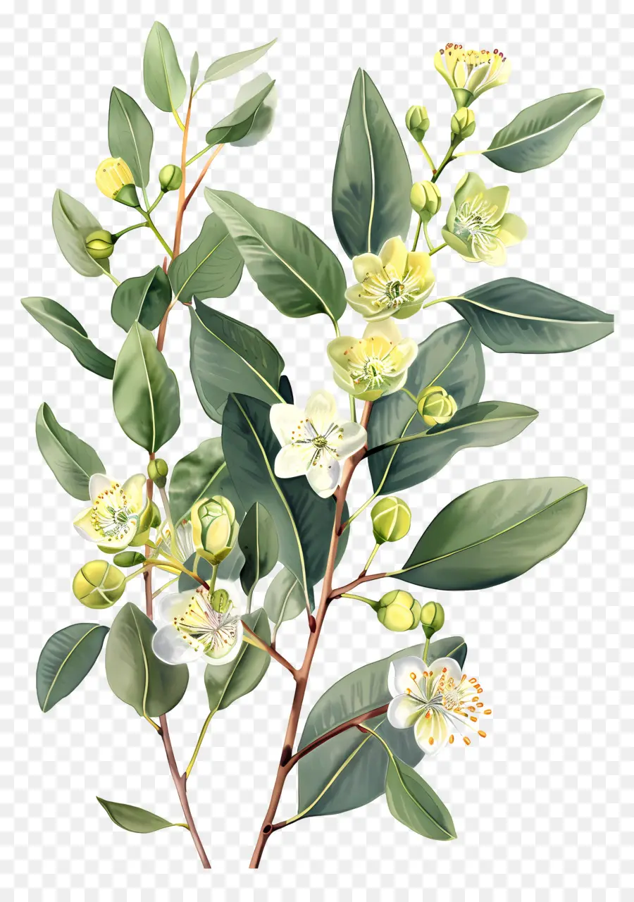 Branche D'eucalyptus，Feuilles Vertes Avec Fleurs Blanches PNG