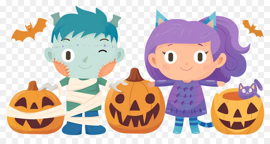 Enfants D'halloween，Enfants En Costumes D'halloween Avec Des Citrouilles PNG