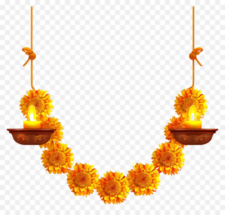 Guirlande De Soucis De Diwali，Guirlande Florale Avec Bougies PNG