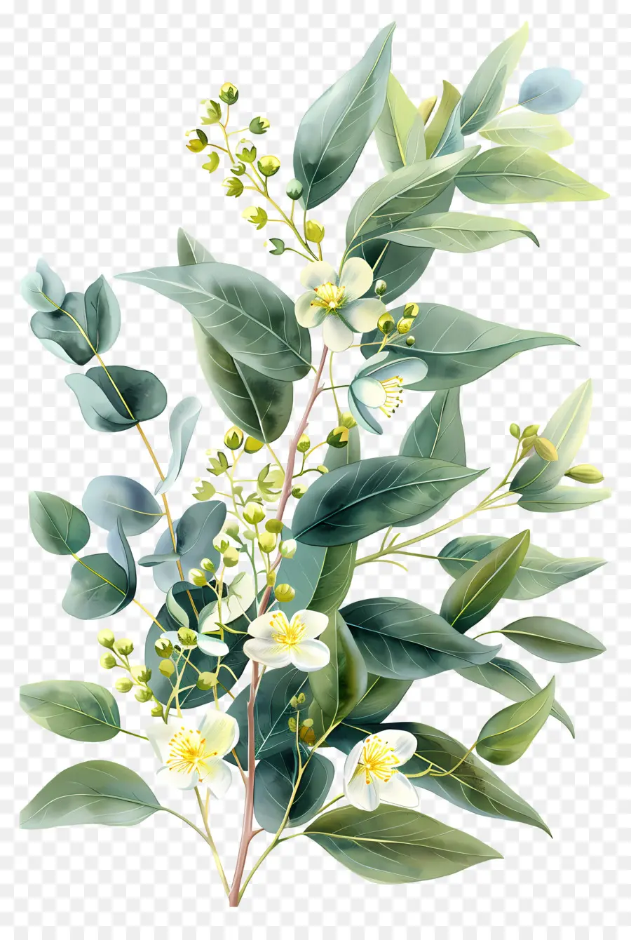 Branche D'eucalyptus，Feuilles Vertes Avec Fleurs Blanches PNG