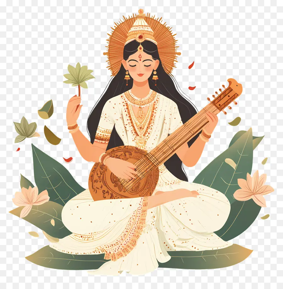 Saraswati，Déesse Avec Instrument PNG