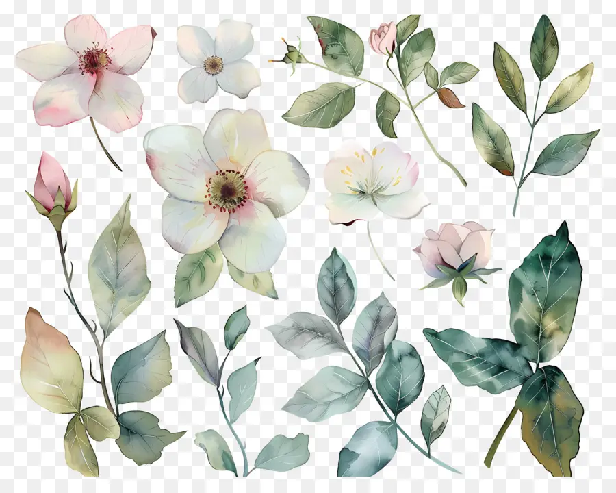 Fleurs Séchées，Fleurs Et Feuilles Aquarelles PNG