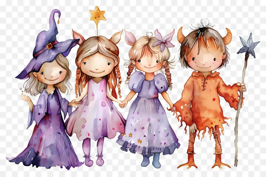 Enfants D'halloween，Enfants En Costumes De Sorcière Et De Diable PNG