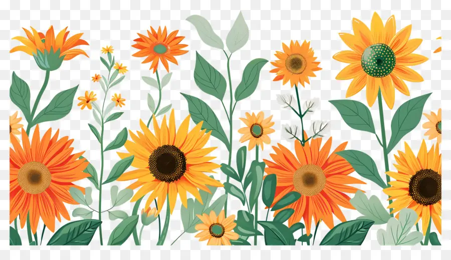 Bordure De Tournesols，Tournesols Et Fleurs Sauvages PNG