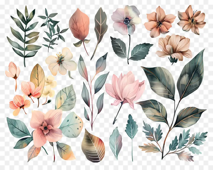 Fleurs Séchées，Fleurs Et Feuilles Aquarelles PNG