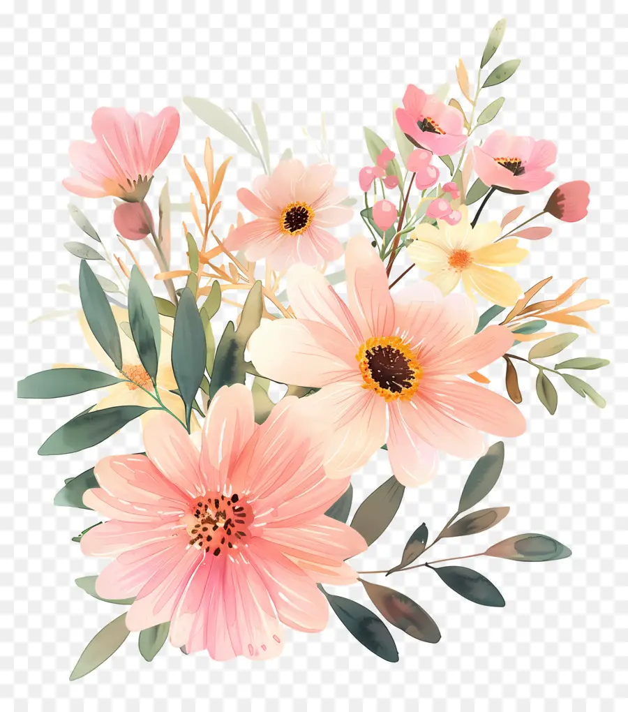 Fleurs Aquarelles，Fleurs Jaunes Et Blanches PNG