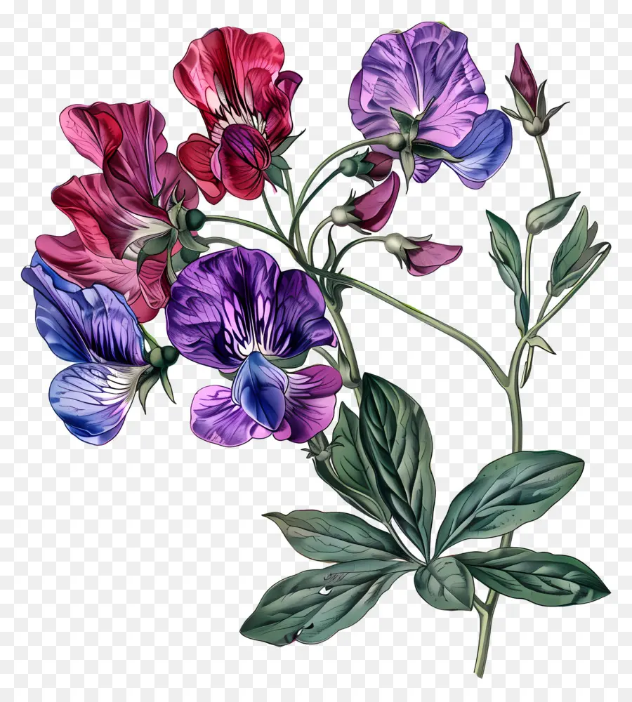 Fleurs Anciennes，Fleurs Violettes Et Rouges PNG