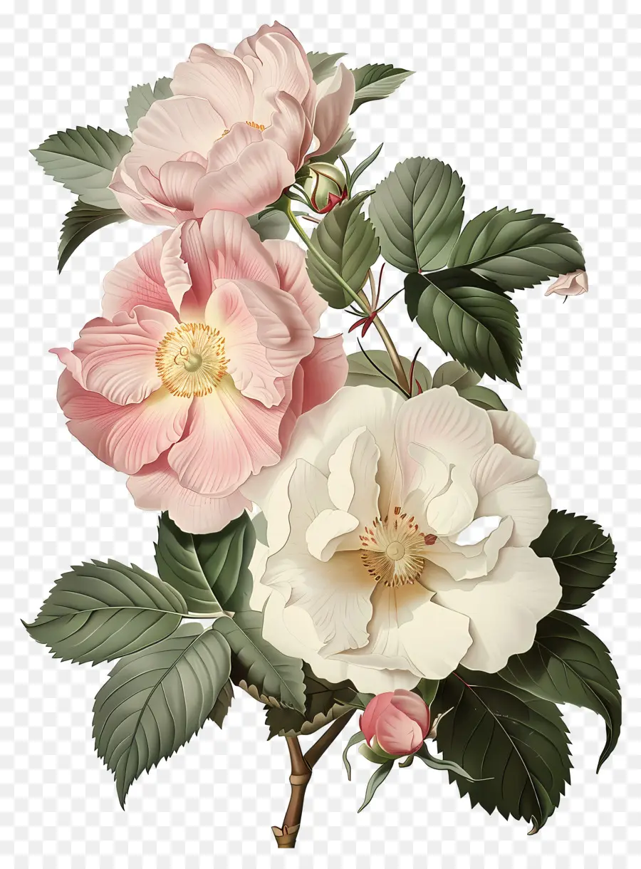 Fleurs Anciennes，Pivoines Blanches Et Roses PNG