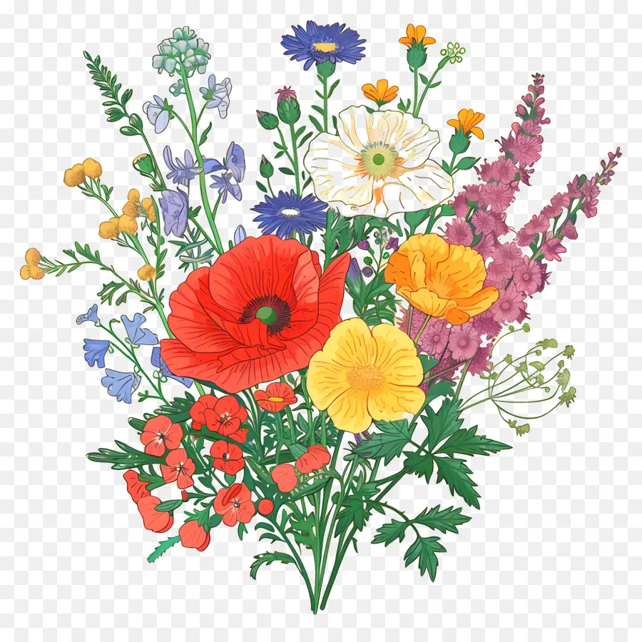 Fleur Sauvage，Bouquet De Fleurs Vibrantes PNG