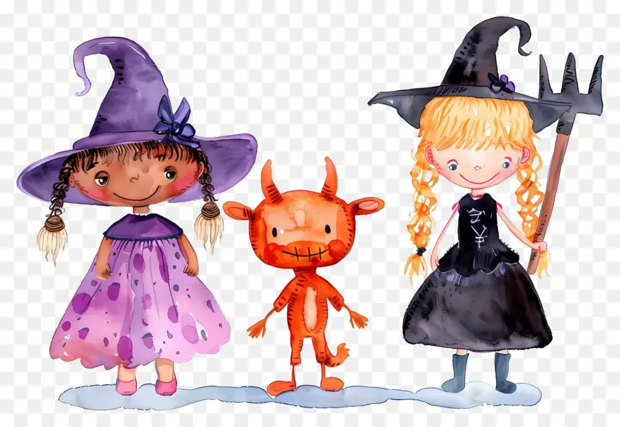 Enfants D'halloween，Enfants En Costumes De Sorcière Et De Diable PNG