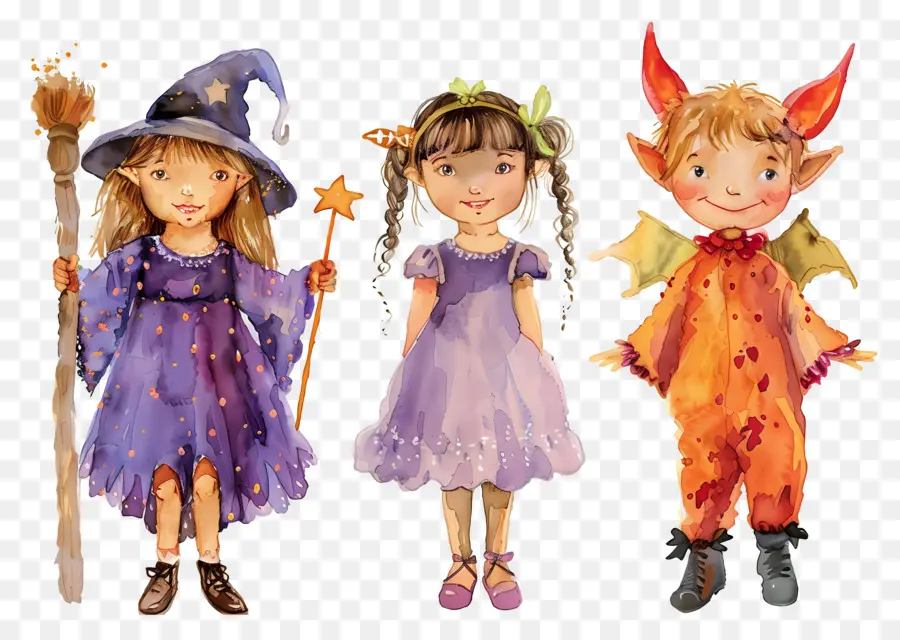 Enfants D'halloween，Enfants En Costumes De Sorcière Et De Diable PNG