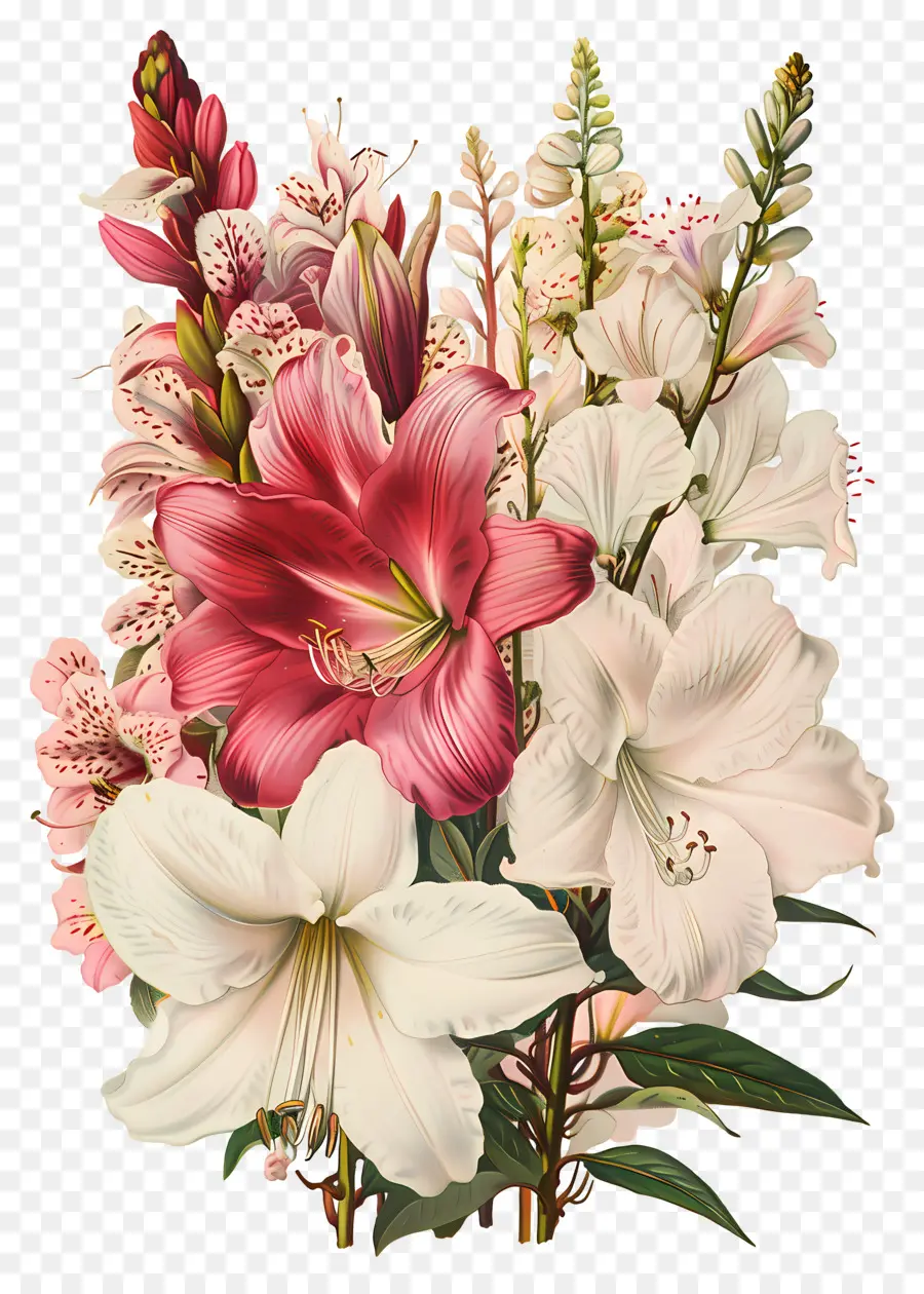 Fleurs Anciennes，Lys Blancs Et Rouges PNG