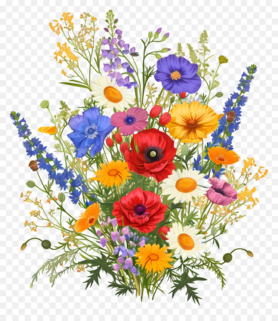 Fleur Sauvage，Bouquet De Fleurs Vibrantes PNG