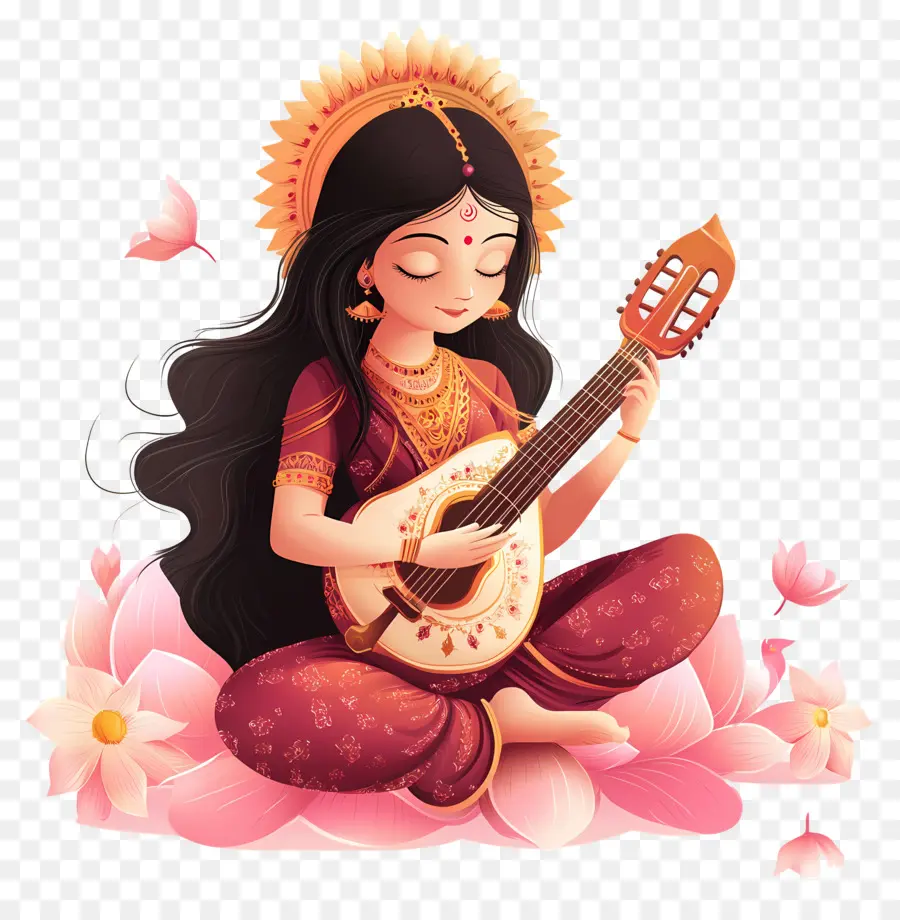 Saraswati，Femme Jouant De La Guitare PNG