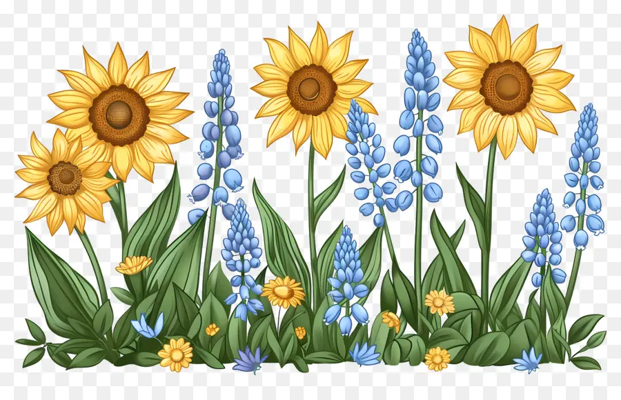 Bordure De Tournesols，Tournesols Et Fleurs Bleues PNG