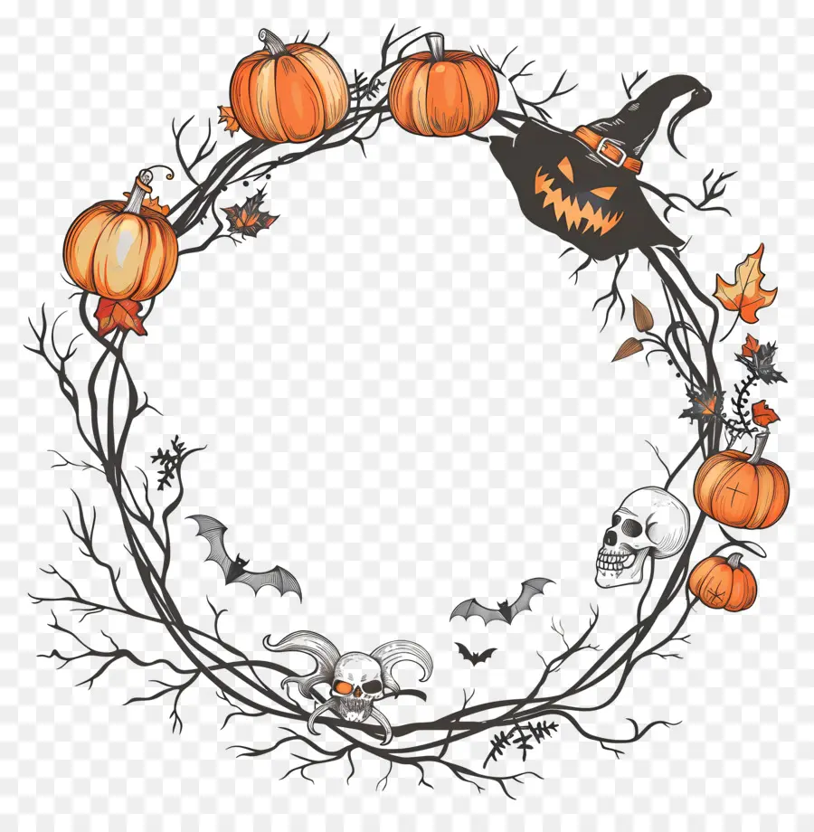 Cadre D'halloween，Couronne De Citrouilles Et De Chauves Souris PNG