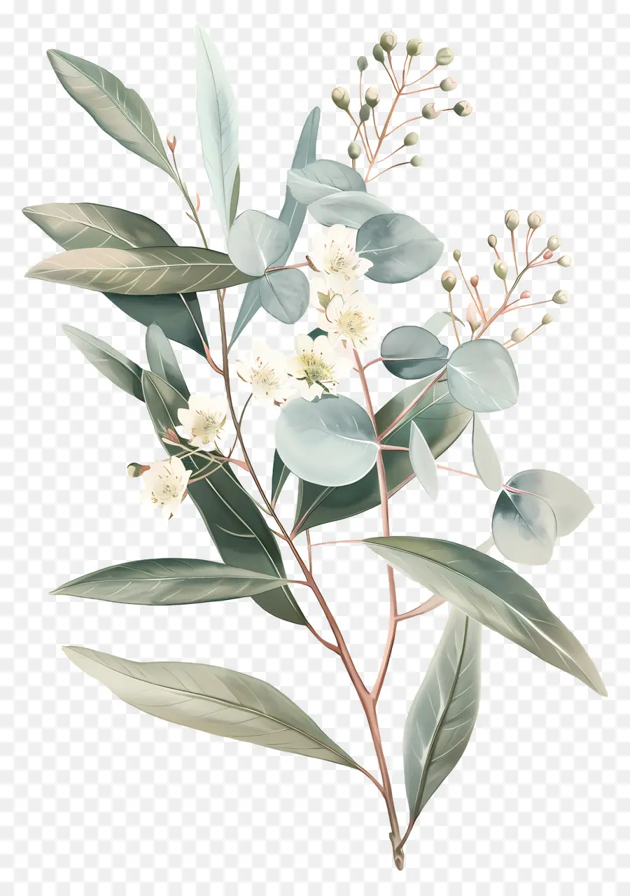 Branche D'eucalyptus，Feuilles Vertes Avec Fleurs Blanches PNG