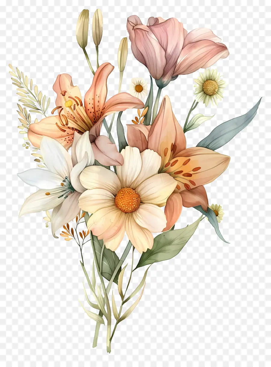 Fleurs Aquarelles，Fleurs Jaunes Et Blanches PNG