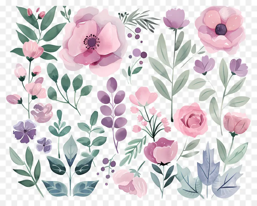 Fleurs Aquarelles，Fleurs Roses Et Vertes PNG