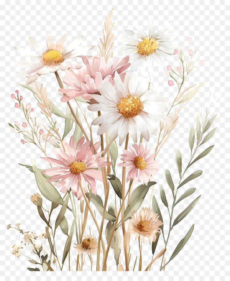 Fleurs Aquarelles，Fleurs Jaunes Et Blanches PNG