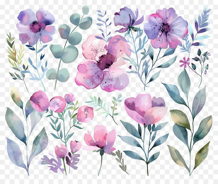 Fleurs Aquarelles，Fleurs Roses Et Vertes PNG