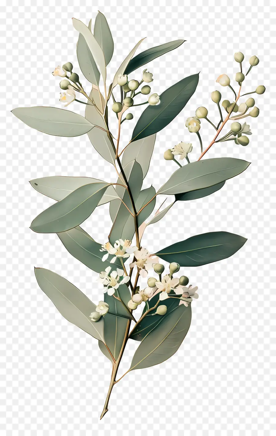 Branche D'eucalyptus，Feuilles Vertes Avec Fleurs Blanches PNG