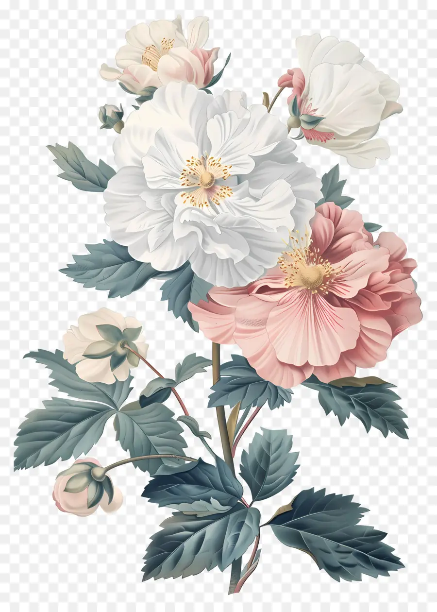 Fleurs Anciennes，Pivoines Blanches Et Roses PNG