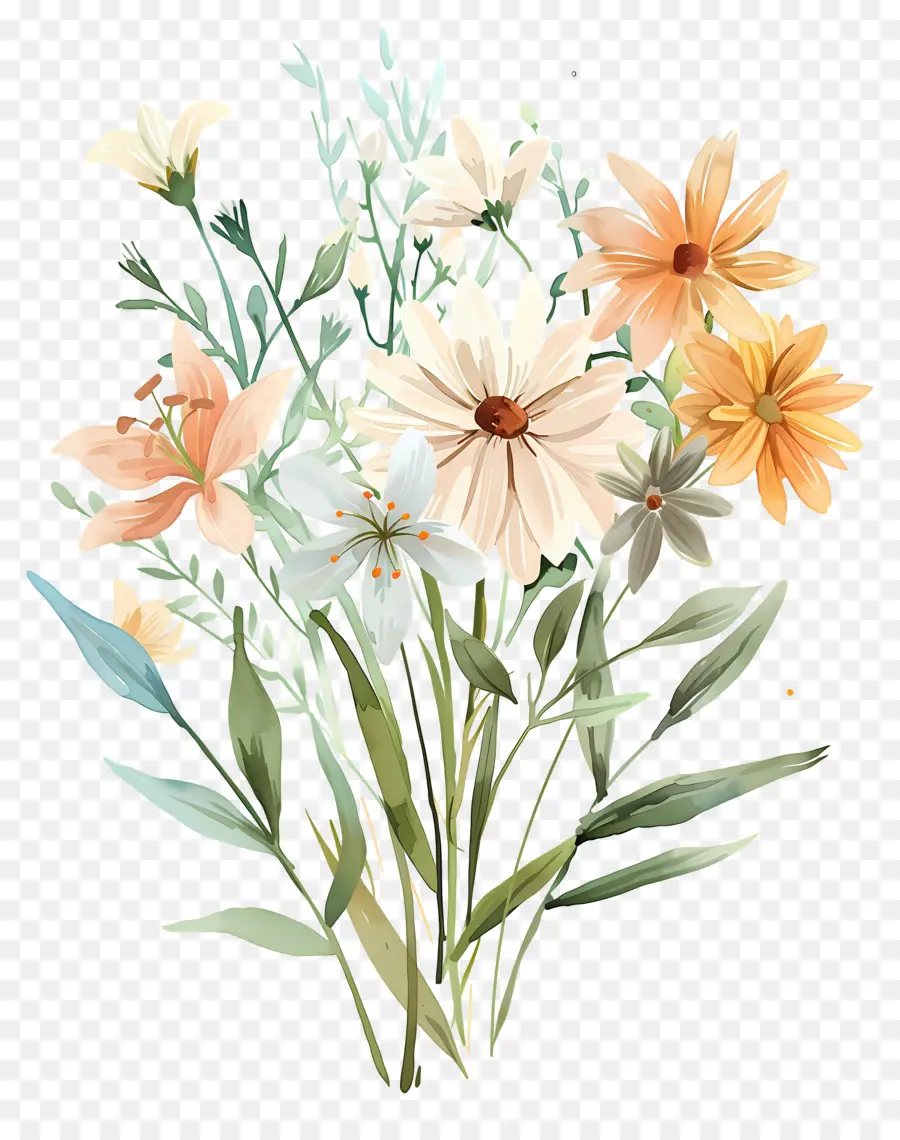 Fleurs Aquarelles，Fleurs Jaunes Et Blanches PNG