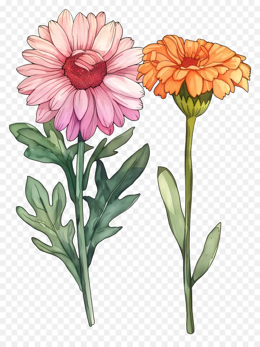 Fleurs Anciennes，Fleurs Roses Et Oranges PNG