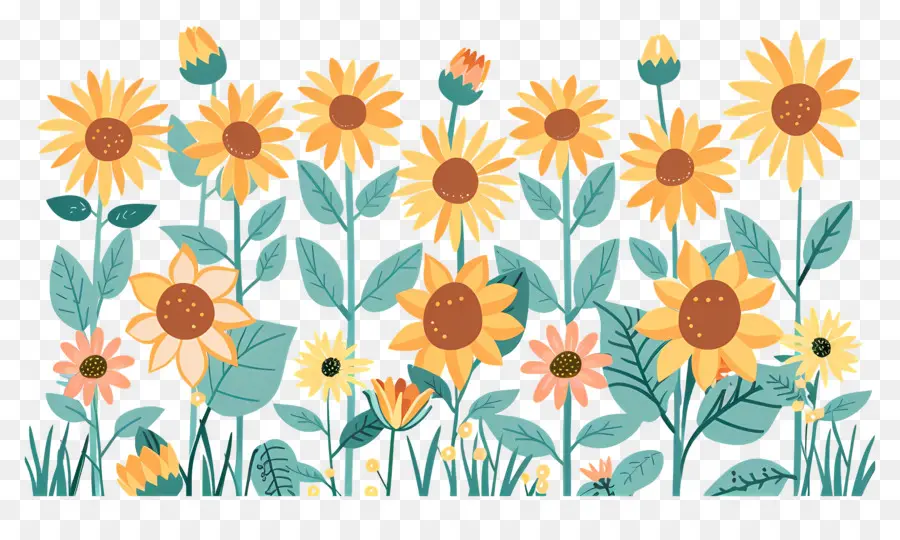 Bordure De Tournesols，Tournesols Et Fleurs Sauvages PNG