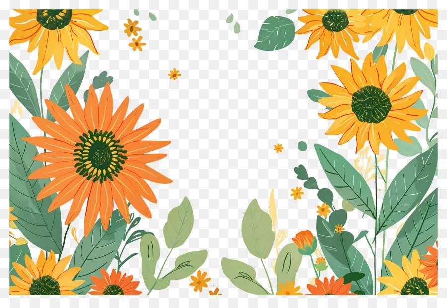 Cadre De Tournesols，Tournesols à Fleurs Bleues PNG