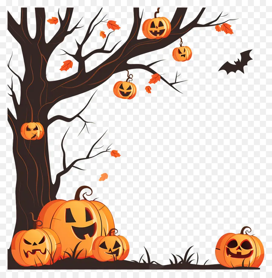 Arbre Halloween，Cadre Citrouille Et Chauves Souris PNG