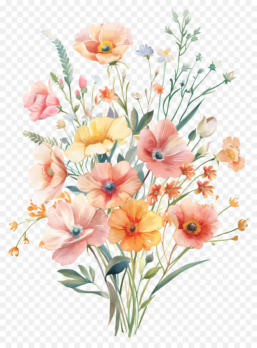 Fleurs Aquarelles，Fleurs Jaunes Et Blanches PNG