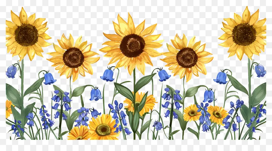 Bordure De Tournesols，Tournesols Et Fleurs Sauvages PNG