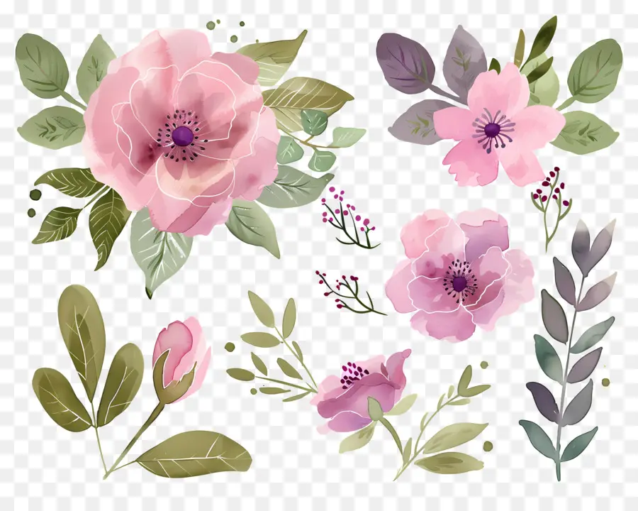 Fleurs Aquarelles，Fleurs Roses Et Vertes PNG