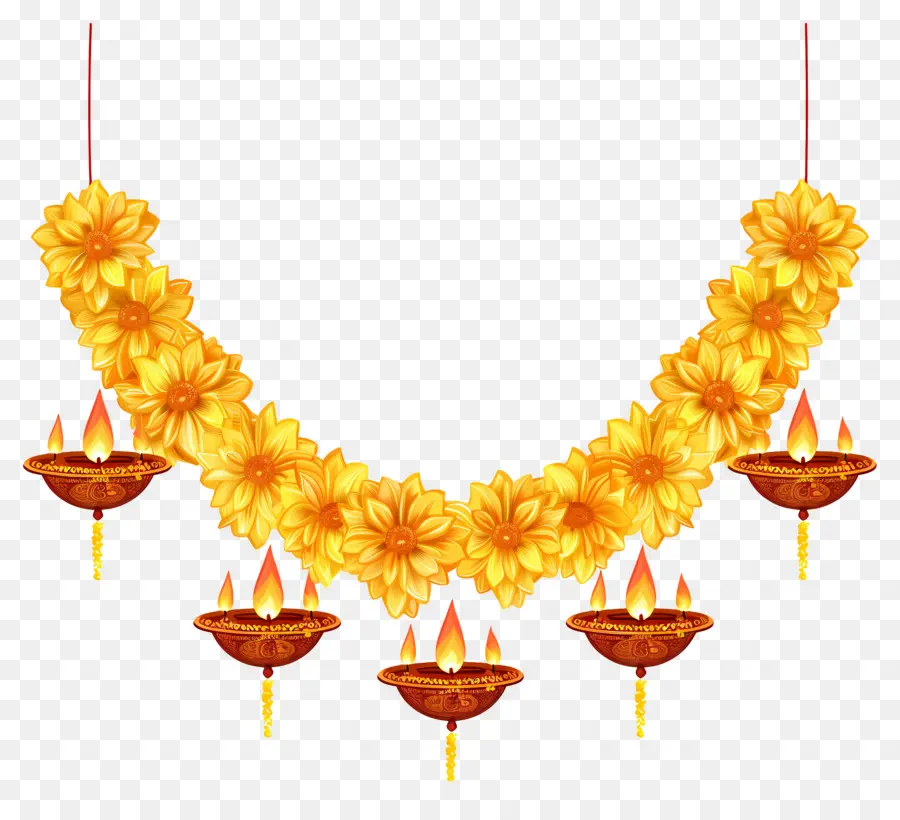 Guirlande De Soucis De Diwali，Fleurs Jaunes Et Lampes PNG