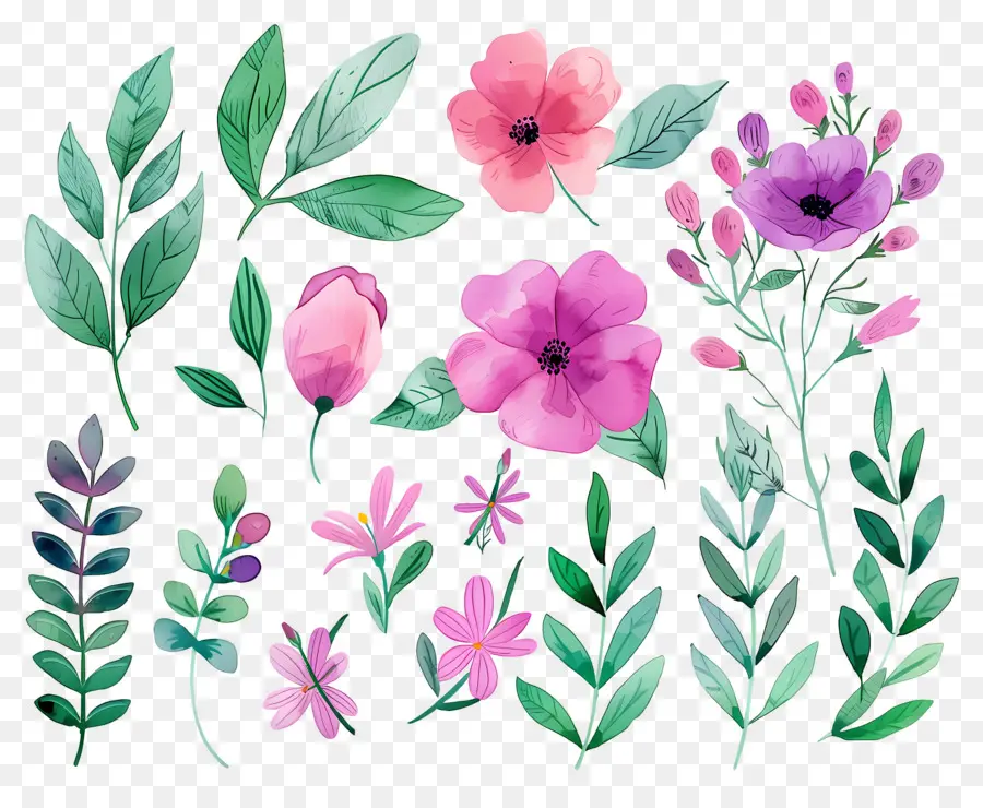 Fleurs Aquarelles，Fleurs Roses Et Vertes PNG