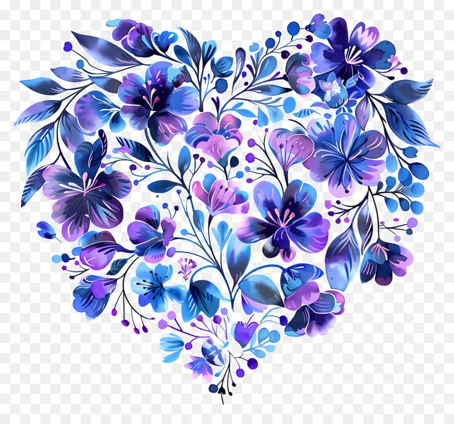 Fleur De Coeur，Coeur Floral Bleu Et Violet PNG