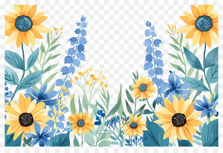 Bordure De Tournesols，Tournesols à Fleurs Bleues PNG