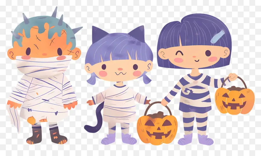 Enfants D'halloween，Enfants En Costumes De Maman Et De Chat PNG