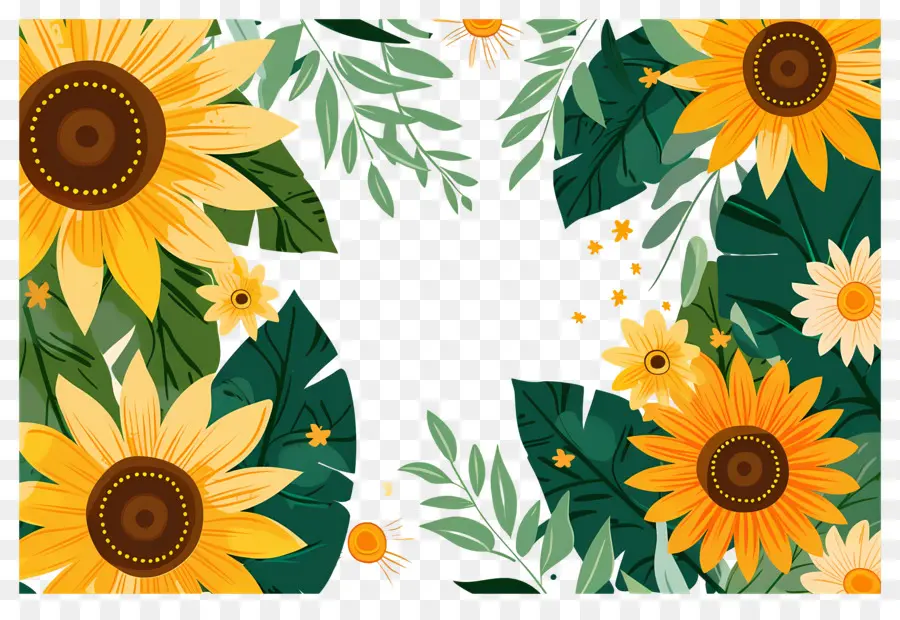 Cadre De Tournesols，Tournesols Et Feuilles PNG