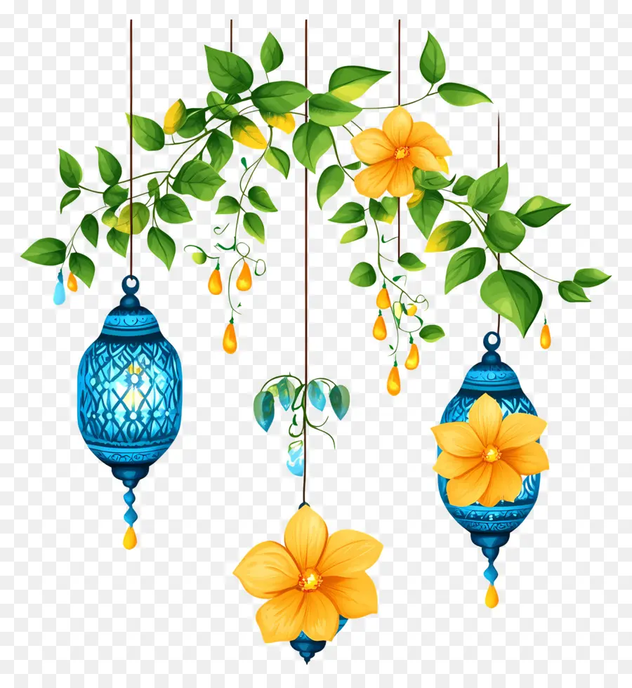 Guirlande De Soucis De Diwali，Lanternes Et Fleurs Suspendues PNG